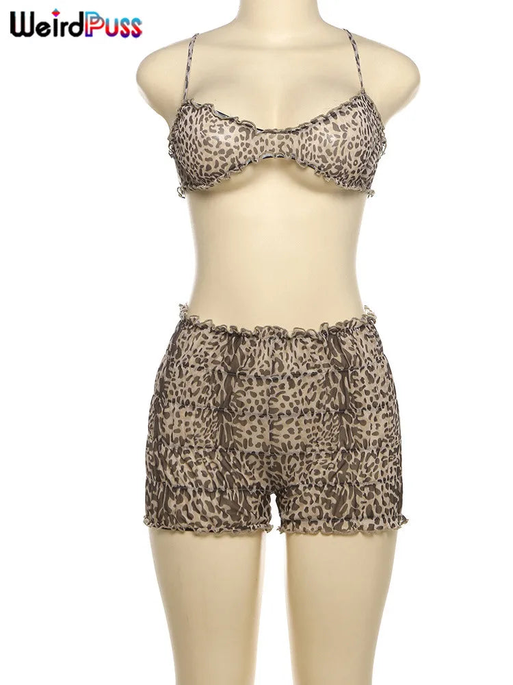 nibber Sexy Leopard Print Women 2 Piece Set Y2K See Through Summer Ruffles Camisole+Shorts Vacation Matching Clubwear Outfits Aviola