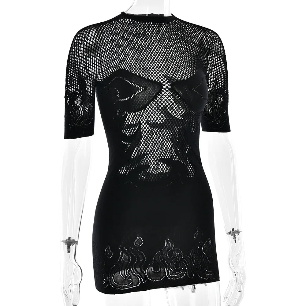 Nibber Hottie Sexy See Through Dress Women Flame Patchwork Print o-Neck Short Sleeve Skinny Peach Hip Street Hipster Outfits Aviola