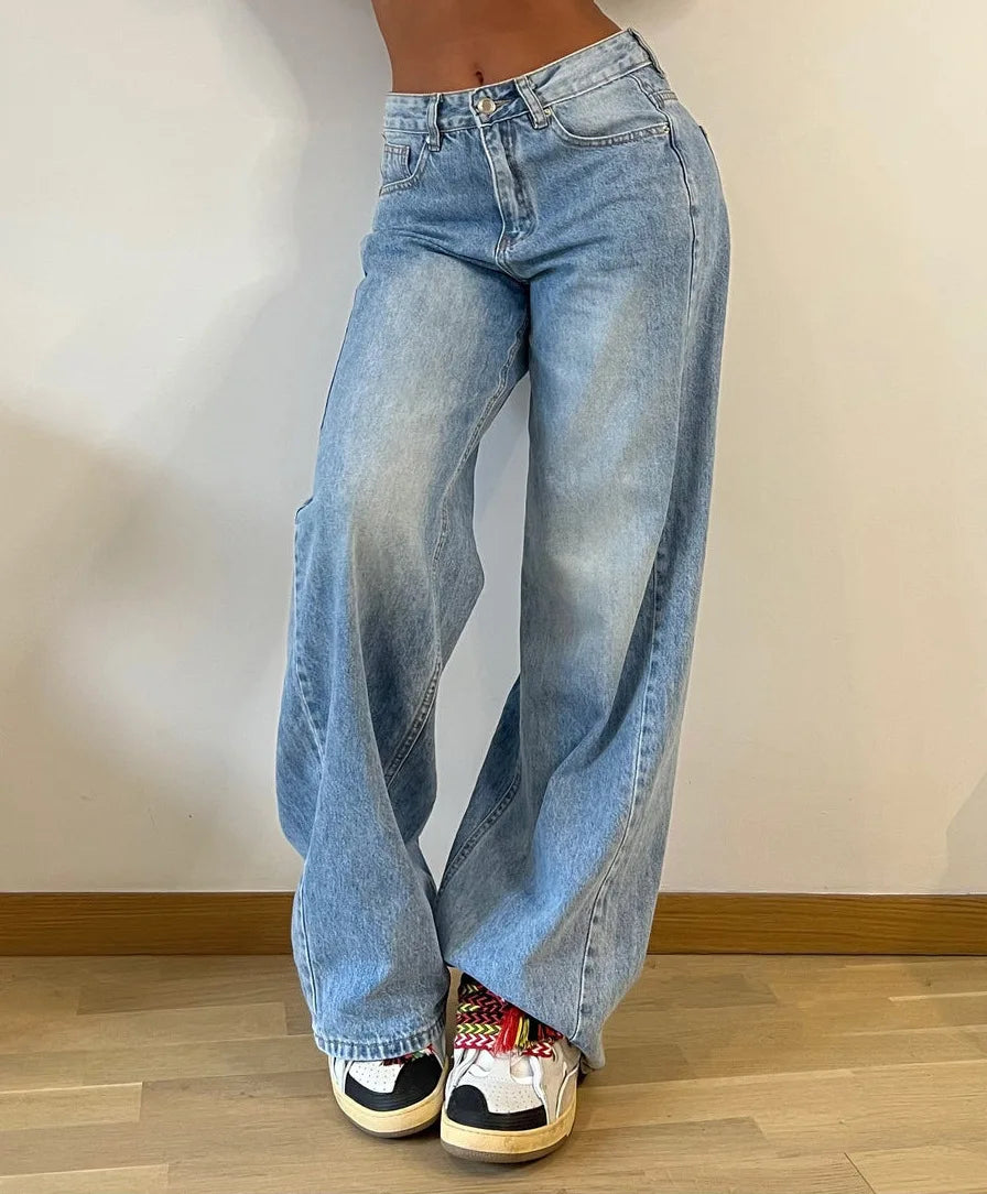 Women Jeans Denim Wide Leg Pants High Waist Washing Loose Fit Pockets Zipper Fly Flat Streewear Spring 2024 Slight Strech Aviola