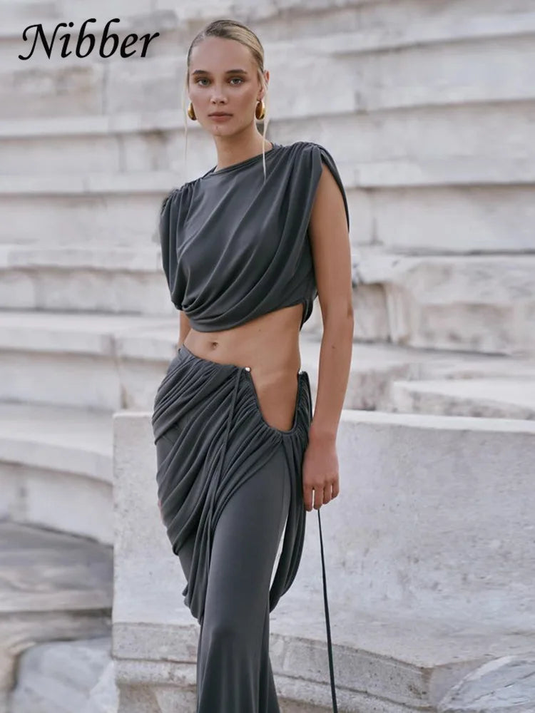 Nibber Classic 2 Piece Set Elegant Ruched Summer Women Chic Irregular Tank Tops+Skirts Pants Matching Casual Basic Streetwear Aviola