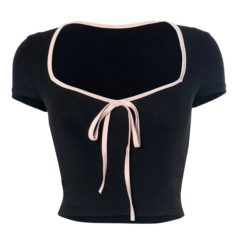 Europe and the United States style y2k summer new women's fashion short-sleeved square collar T-shirt slim low waist Aviola