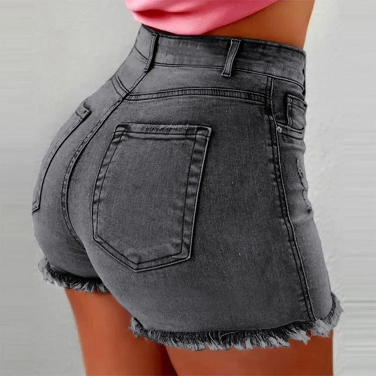 Shorts Denim Women Holes Jeans Mom Skinny High Waist Pockets Zipper Fly Blue Tassel Slight Strech Streetwear 2025 Sexy Bodycon Aviola