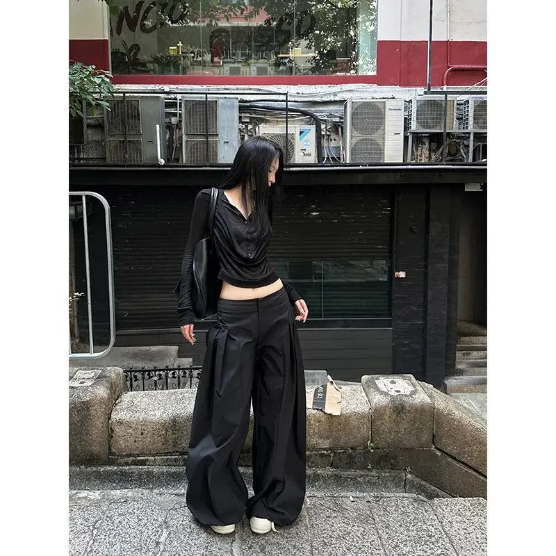 MEXZT Y2K Coquette Black T Shirts Women Sexy Cropped V Neck Sheer Tops Gyaru Aesthetic Korean Fake Two Piece Long Sleeve Tees Aviola