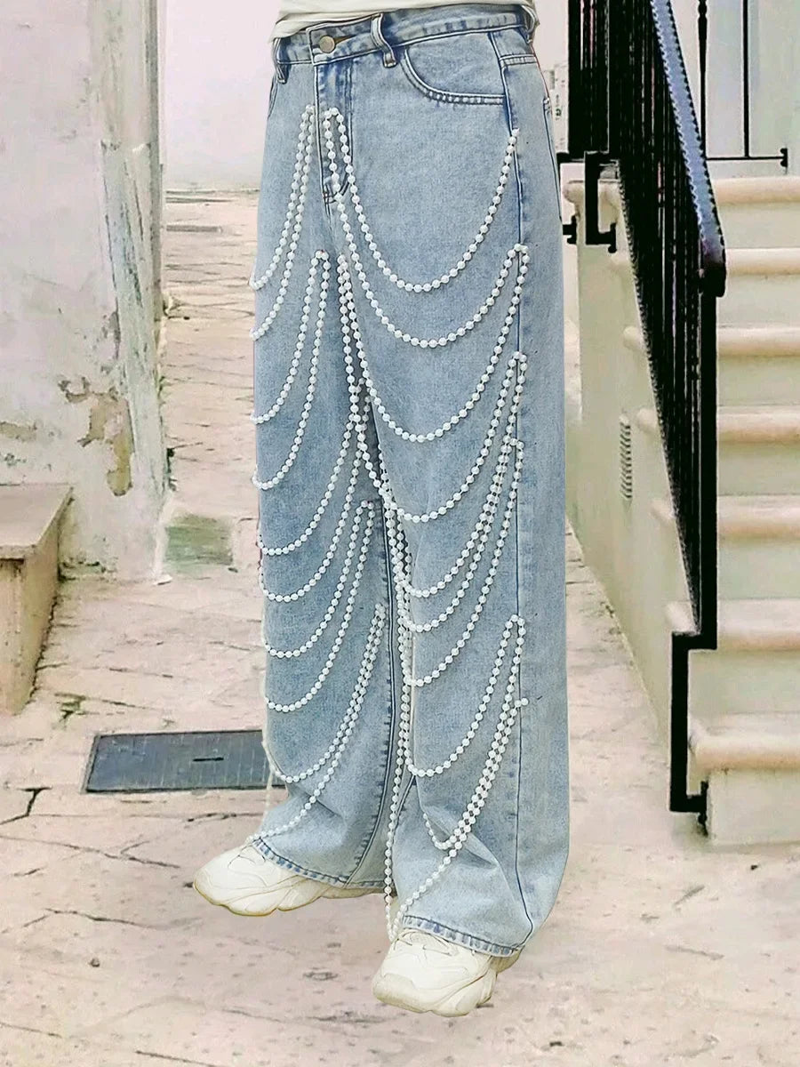 Straight Pants Women Jeans High Waist Beading Washed Distressed Vintage Mom Pockets Button 2025 Streetwear Y2k Denim Trousers Aviola