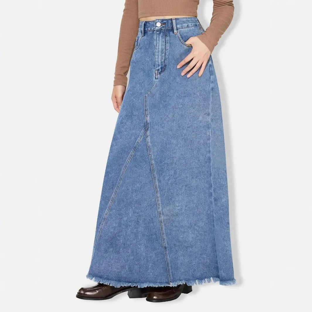 Denim Skirt Women Vintage Long Skirts High Waist Distressed Washed Button Pockets Summer Mom Jeans Y2k A Line Streetwear 2025 Aviola