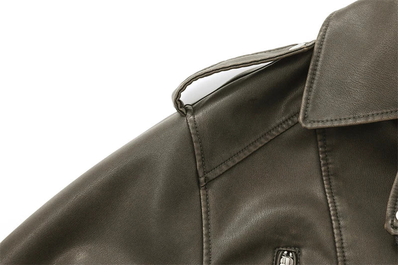Army greeNew Coal graysty le Women's washed leather jacket with belt, short coat with downgraded zipper and vintage lapel jacket Aviola