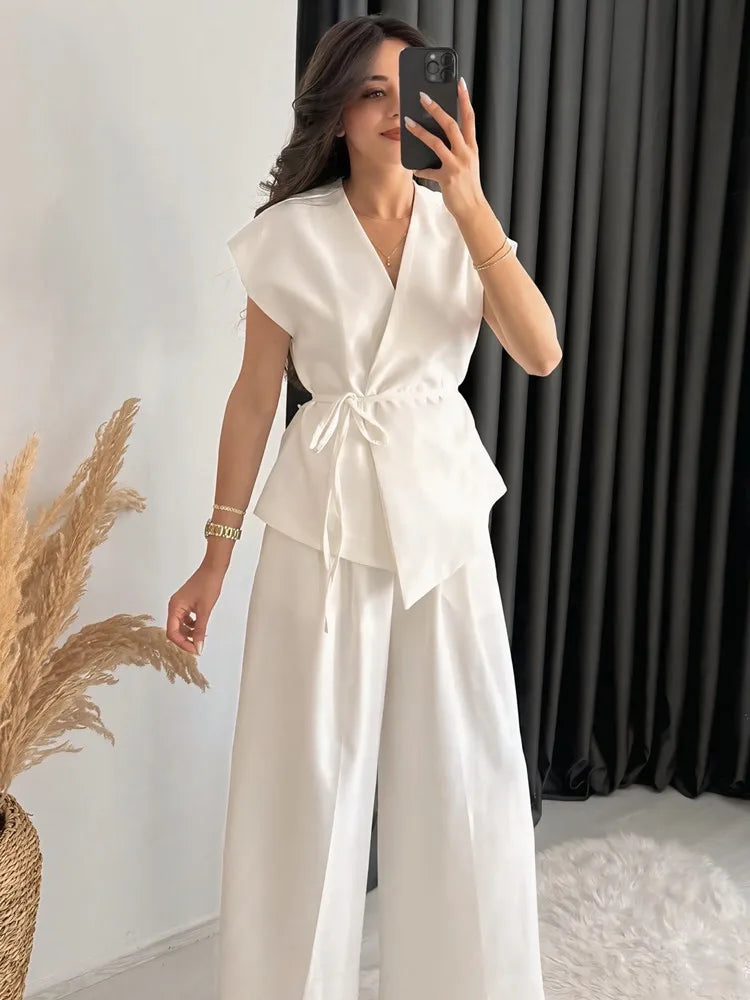 UNIZERA 2025 New Arrivals Women's Wear Elegant V-neck Sleeveless Lace-up Vest Jacket + High-waisted Casual Wide-leg Pants Set Aviola