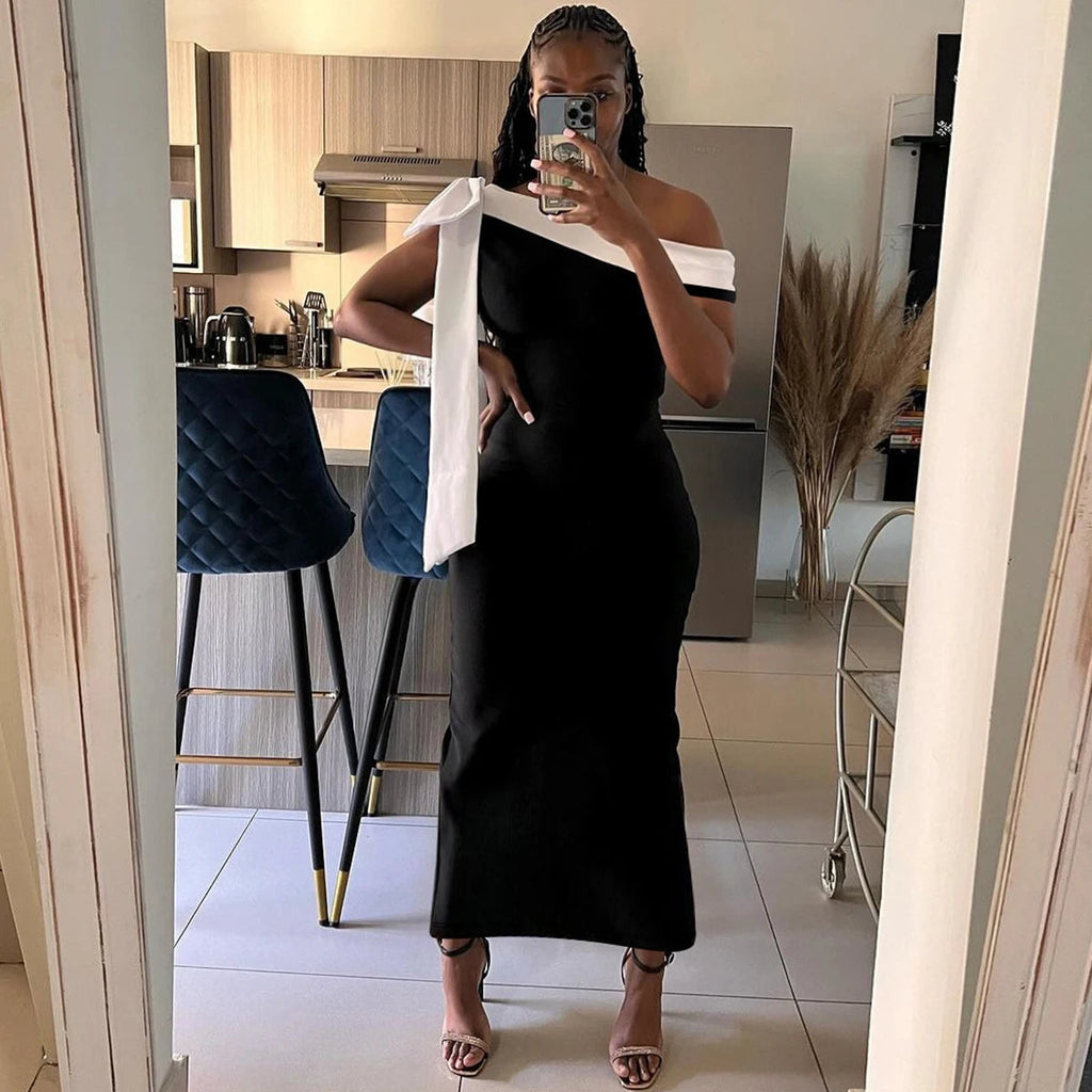 Nibber Black White Patchwork Woman Dress Elegant Bow One Shoulder Sleeveless Frenulum Temperament Skinny Noble Gown Vestidos Aviola