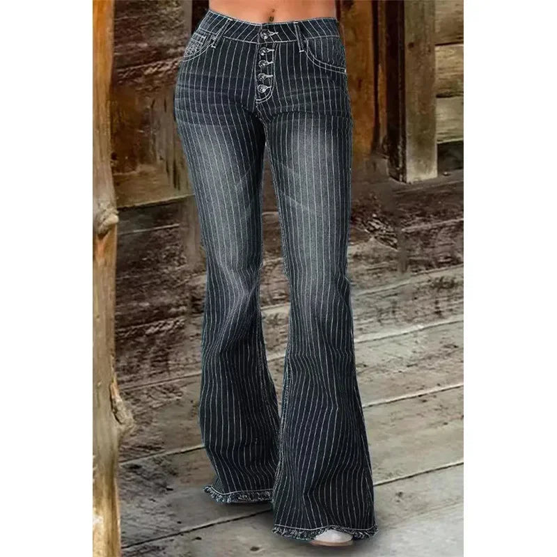 Stripe Jeans Women Mid Waist Flare Pants Ladies Trousers Female Casual Slim 2025 Summer Button High Strecth Elegant Office Lady Aviola