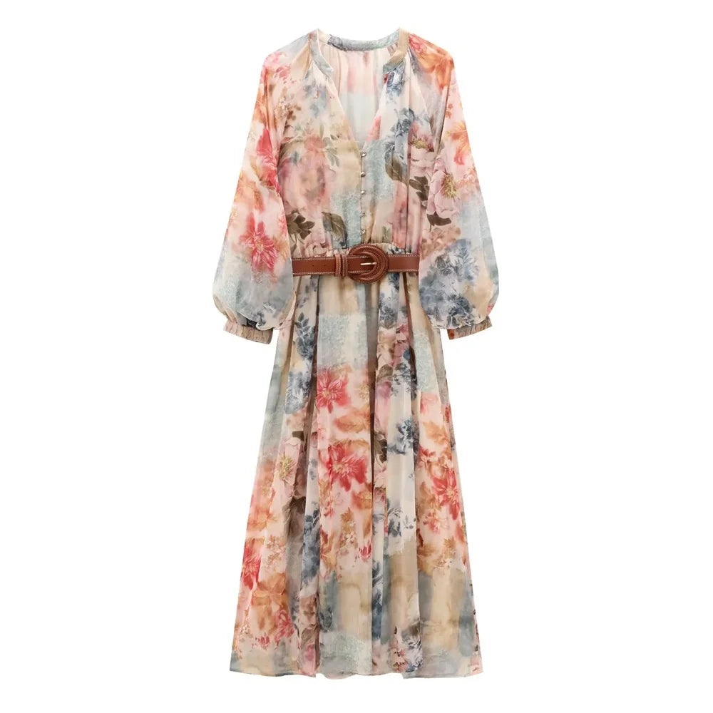 BM&MD&ZA2025Flower Print V-Neck Long Sleeve Loose Casual Dress with Belt Long Skirt Summer New Arrivals Women's Clothing Aviola