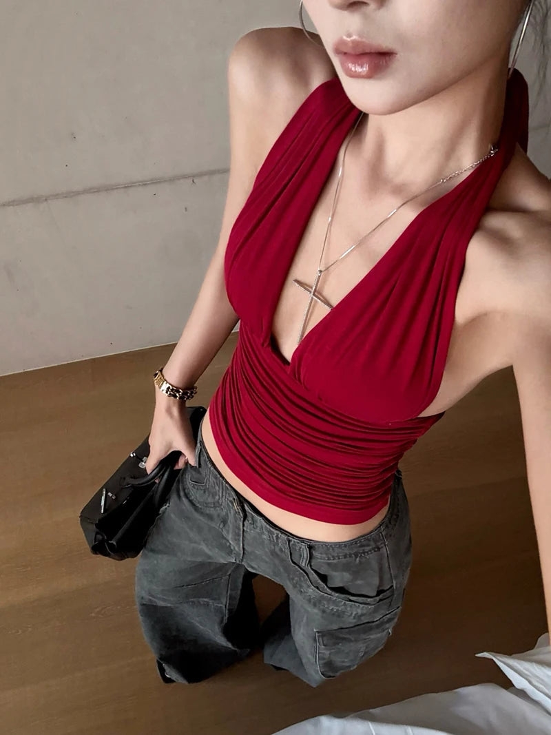MEXZT Y2K Red Tank Top Women Streetwear Sexy Gyaru Halter Backless Corset Grunge Aesthetic V Neck Camis Summer Coquette Clothes Aviola