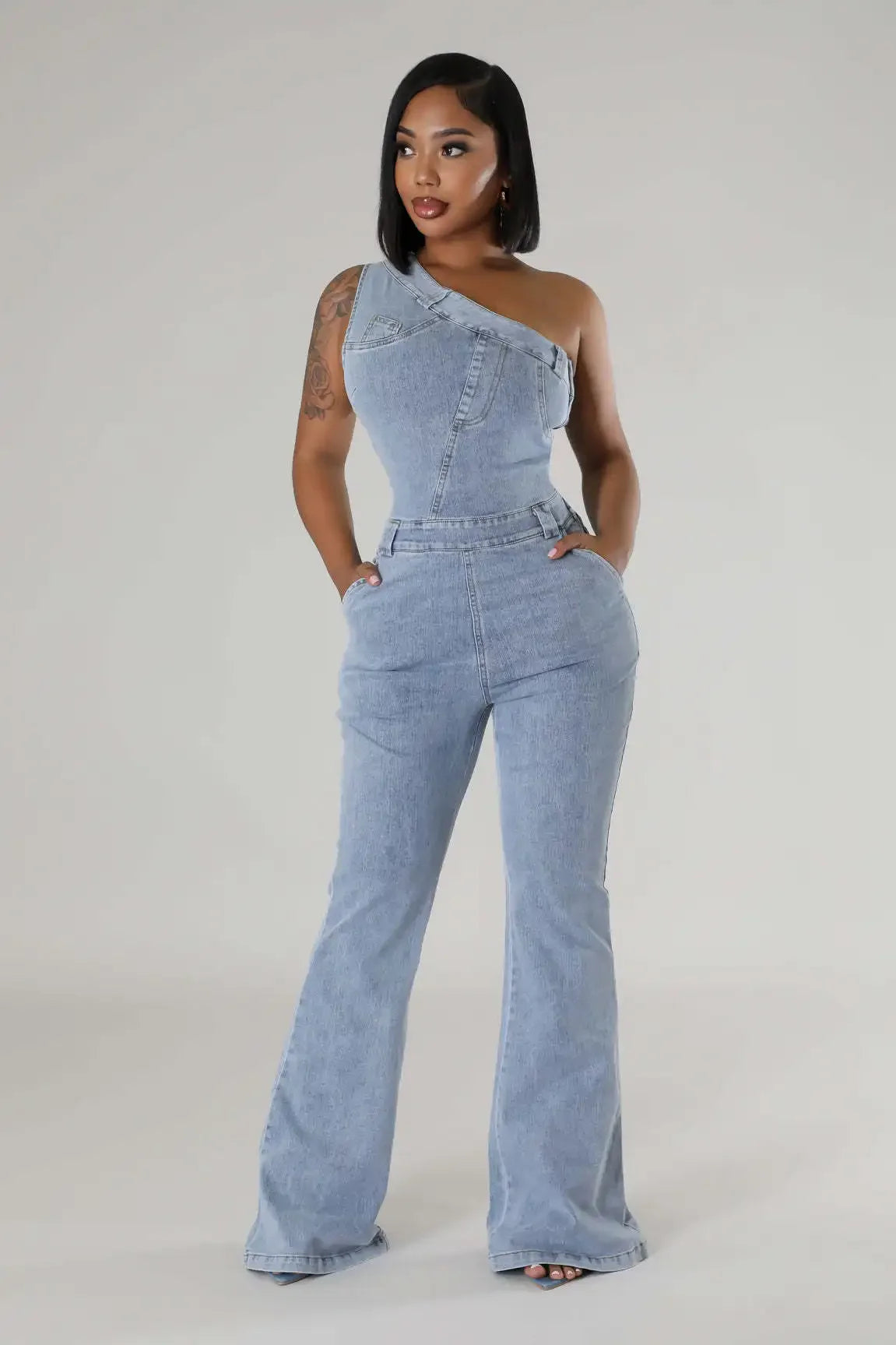 Flare Denim Pants Full Length Women Jeans One Piece Overalls Spliced Solid Jumpsuits Loose Pockets High Waist Basics Washed Aviola