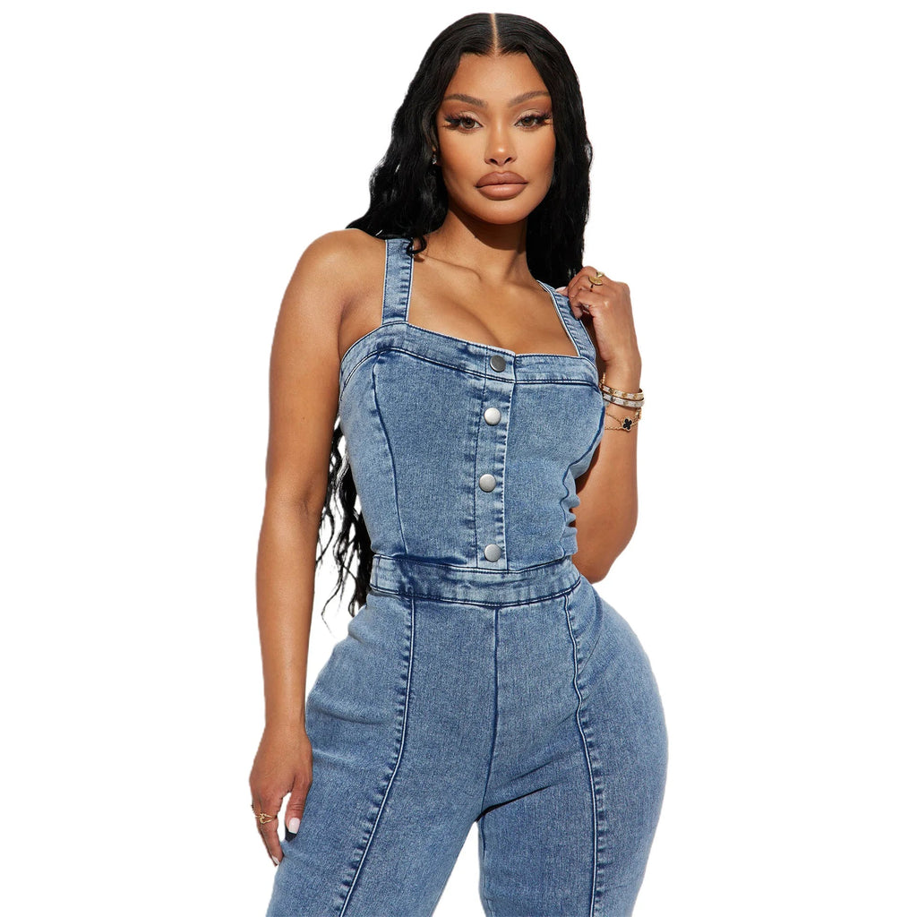 Women Jeans Rompers Sexy Overalls Jumpsuits Square Collar One Piece Solid Flare Pants Ankle Length Baics Spliced Button Aviola