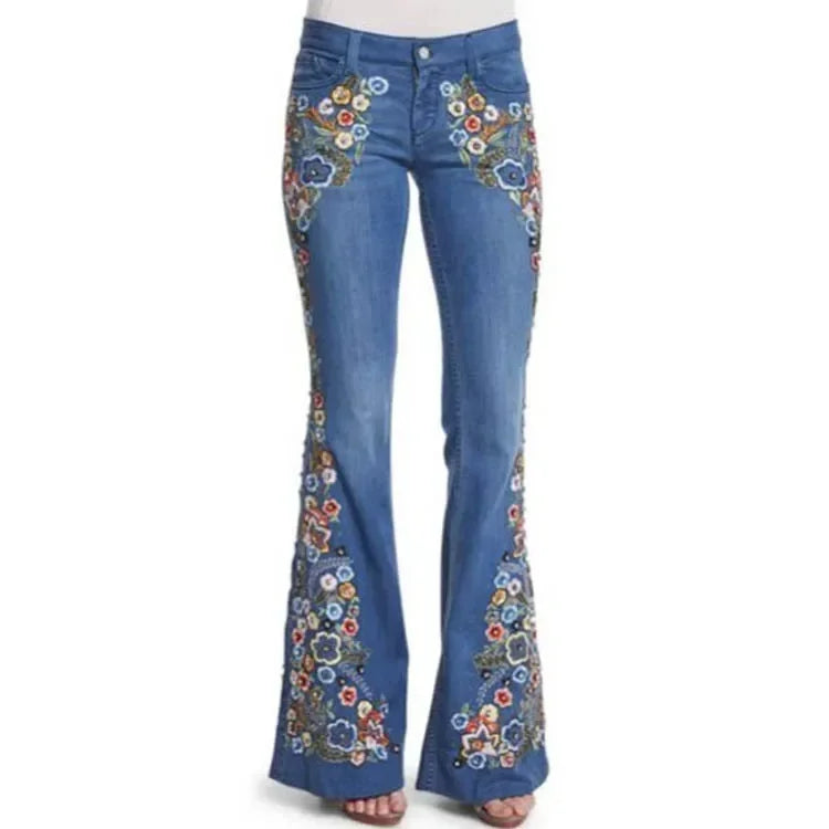 Distressed Flare Jeans Women High Waist Denim Blue Pant Vintage Embroidery Ankle Length Pants Casual Basics 2025 Pockets Loose Aviola