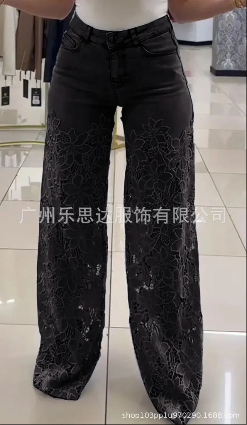 Denim Pant Women Mom Jeans Hollow Out Long Pants Floral Slim High Waist Straight Trousers Y2k Streetwear Elegant Temperament Aviola