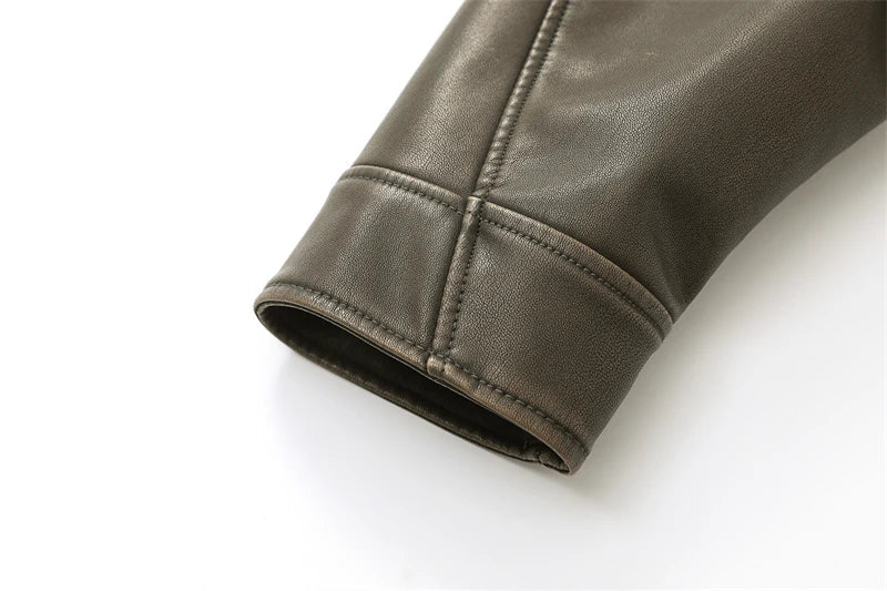 Chaqueta de cuero lavado con cinturón para mujer, abrigo corto con cremallera degradada y cuello vuelto Vintage, chaqueta elegan Aviola
