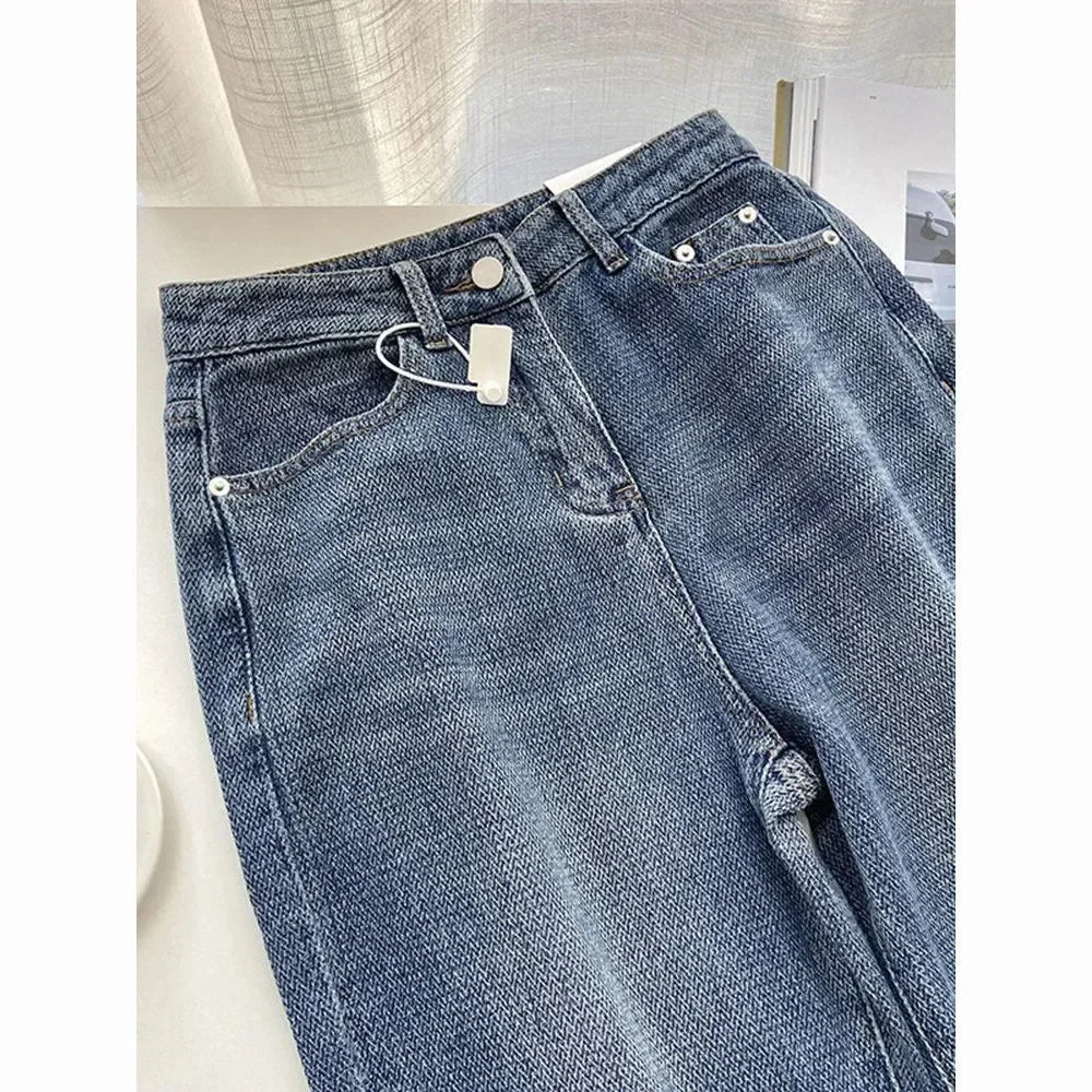 Jeans Women Wide Leg Pants Denim High Waist Zipper Fly Vintage Pockets Button Floor Length Trousers Straight Casual Denims Aviola