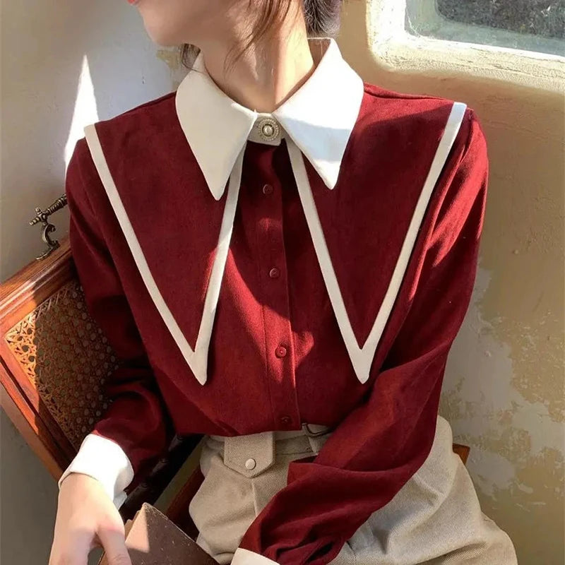 MEXZT Vintage Elegant Shirts Women Chiffon Patchwork Ruffle Turn Down Collar Long Sleeve Blouse Korean Office Lady Loose Tops Aviola