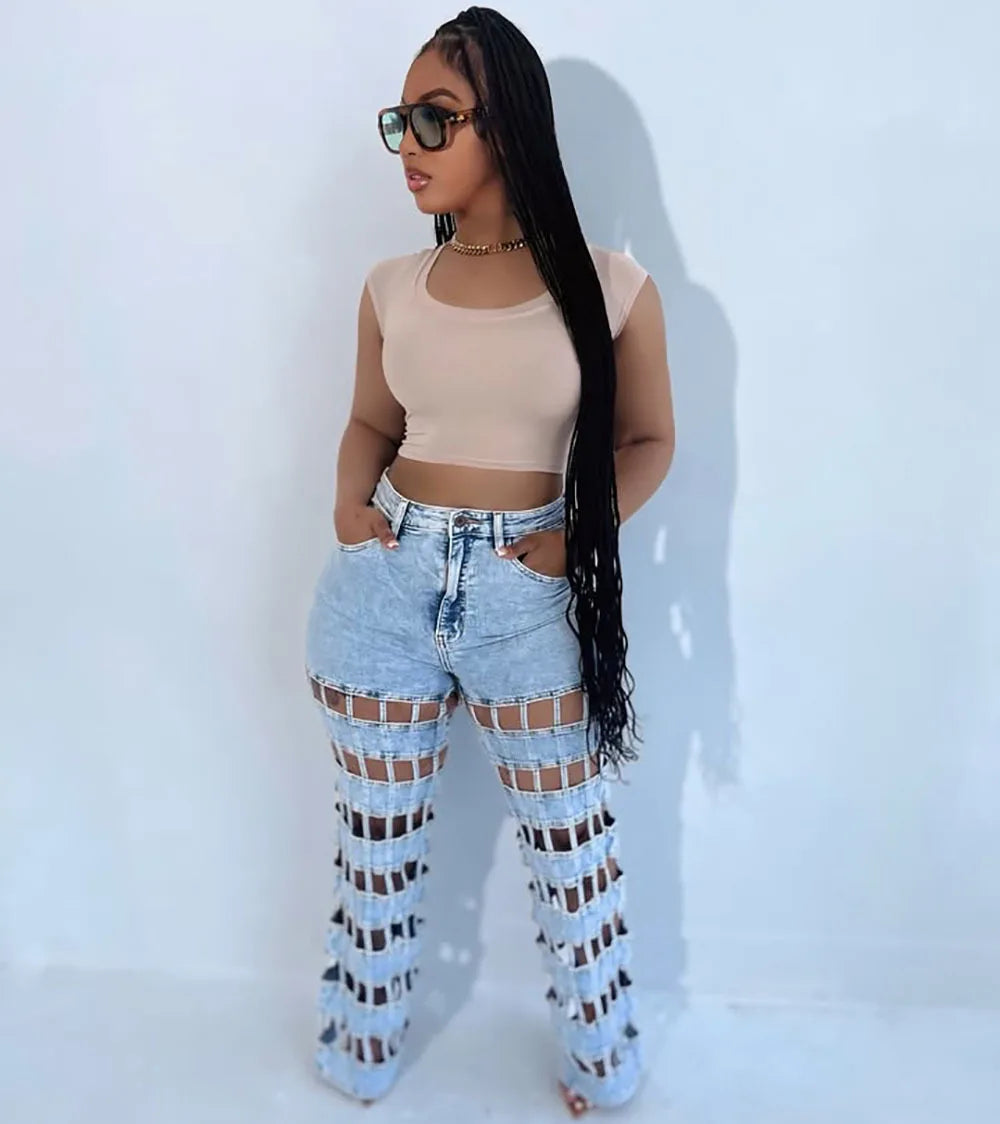 Denim Pant Women Jeans Long Pants Hollow Out High Waist Straight Mom Trousers Y2k Streetwear Elegant Splice Hole Casual Work Aviola
