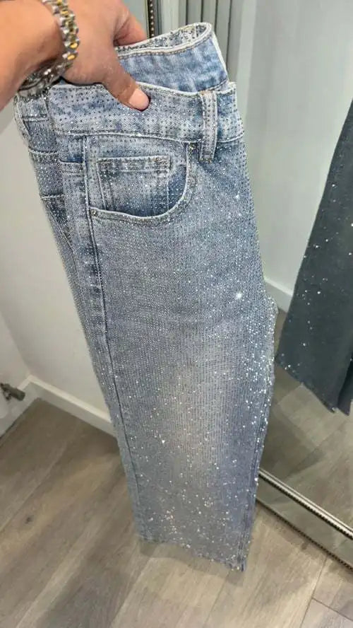 Denim Pant Women Mom Jeans Long Pants Hot Drilling Slim Fit High Waist Straight Trousers Y2k Streetwear Splice Club Party 2025 Aviola
