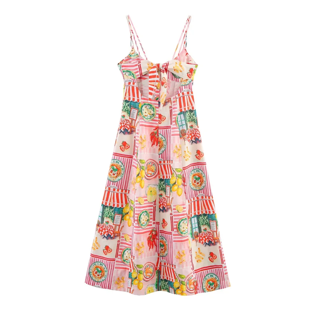 BM&MD&ZA2025Backless Fashion Printed Patchwork Suspender Dress Seaside Holiday Style Long Dress Summer Women's Wear Aviola