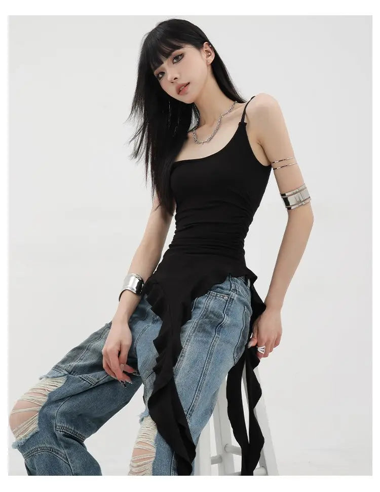 MEXZT Y2K Irregular Black Tank Top Women Grunge Aesthetic Sexy Backless Camis Gyaru Streetwear Korean Tees Summer Design Tanks Aviola