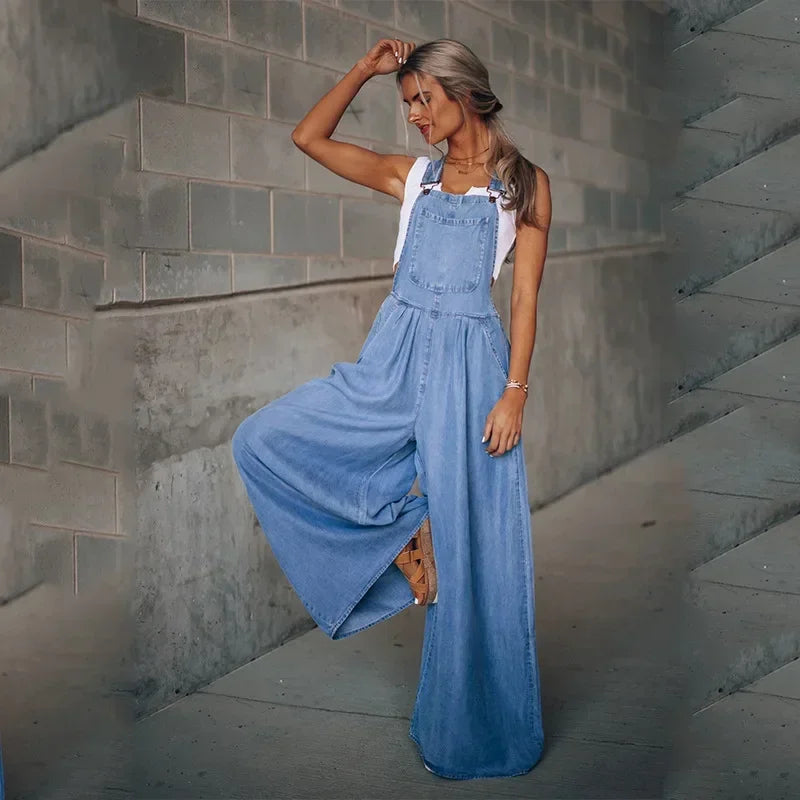 Pocket Design Wide Leg Suspender Denim Jumpsuit for Women Overall Cowboy BibSquare Neck Daily Regular Fit Sleeveless Summer Fall Aviola