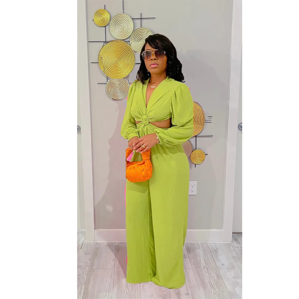 Jumpsuits Long Sleeve One Piece V Neck Women Rompers Backless Sexy Overalls Solid Wide Leg Pants Pockets Spliced Full Length Aviola