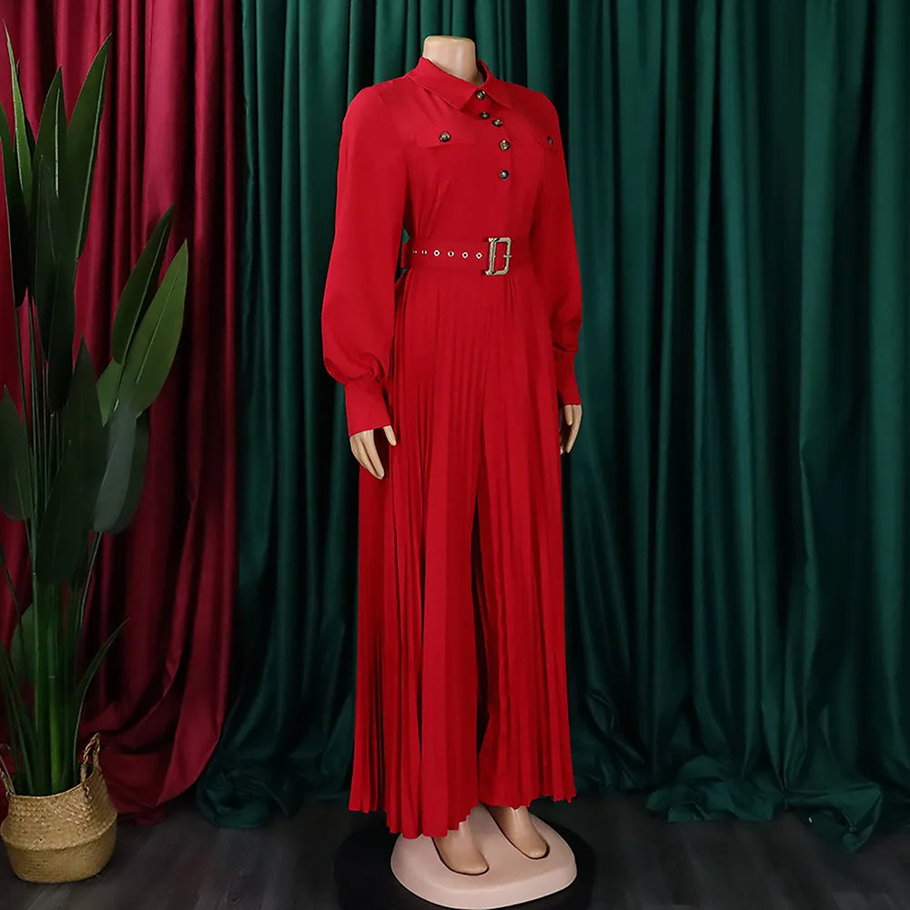 pleated Jumpsuits Women Single Breasted Long Sleeve Rompers Overalls Wide Leg Pants Spliced Sashes Slim Fit One Piece Button Aviola