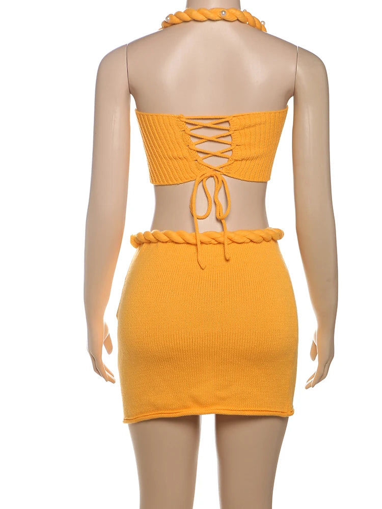 Nibber Summer Women 2 Piece Set Pearl Plait Halter Shirring Camisole+Zip Peach Hip Skirts Matching Crochet Vacation Clubwear Aviola