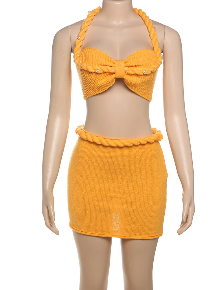 Nibber Summer Women 2 Piece Set Pearl Plait Halter Shirring Camisole+Zip Peach Hip Skirts Matching Crochet Vacation Clubwear Aviola