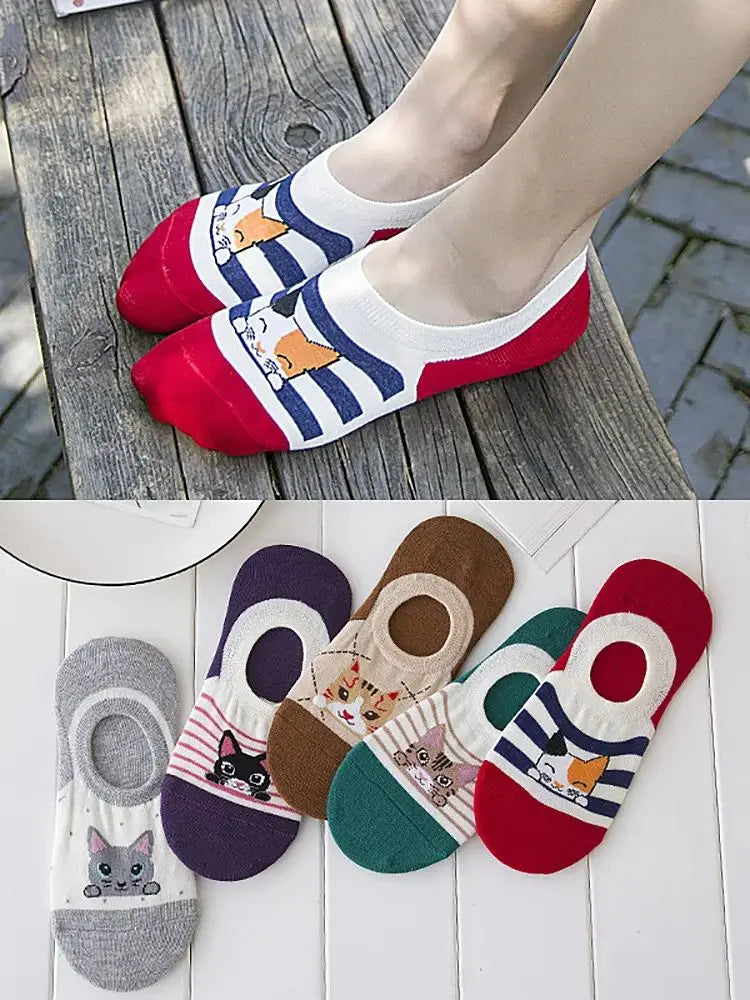 5 Pairs Summer Socks Female Invisible Cotton Cartoon Socks Shallow Ship Socks Aviola