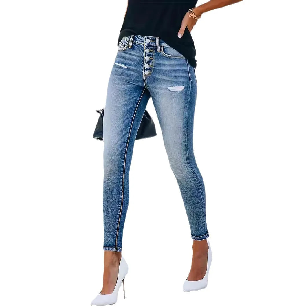 Bodycon Pencil Jeans Women Denim High Waist Trousers Row Buttons Holes Pants Y2j Streetwear Skinny Fit Ankle Lenth 2025 Spring Aviola
