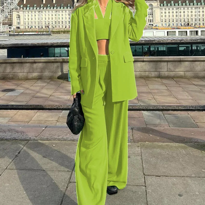 Women Tracksuit Three Pieces Set Turn Down Collar Cardigan Single Button Solid Outerwear Pockets Wide Leg Pants Office Lady Aviola