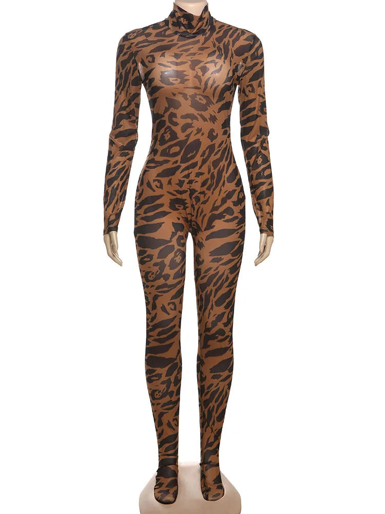 Nibber Full Sleeve Leopard Print Foot Jumpsuit Women See Through Turtleneck Coquette Midnight Club Activity Workout Overalls Aviola