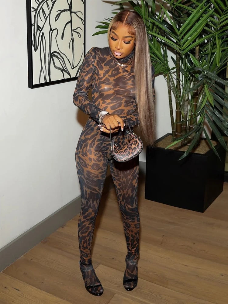 Nibber Full Sleeve Leopard Print Foot Jumpsuit Women See Through Turtleneck Coquette Midnight Club Activity Workout Overalls Aviola