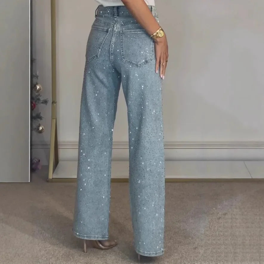 Jeans for Women Straight Diamonds Pants Stretch High Waist Washed Mom Jeans Vintage Denims Streetwear Y2k Streetwear Trousers Aviola