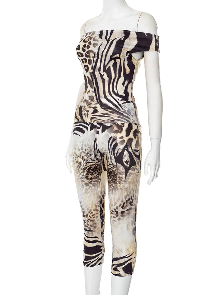 Nibber Fashion Leopard Print 2 Piece Set Women Slash Neck Backless Top+Skinny Peach Hip Crop Pants Hottie Hipster Streetwear Aviola