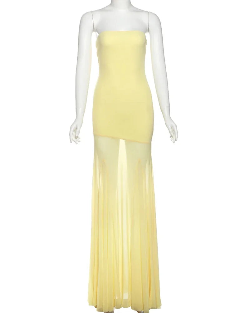 Nibber Patchwork Dress Women See Through Temperament Solid Pleated Strapless Sleeveless Backless Slim Banquet Party Vestidos Aviola