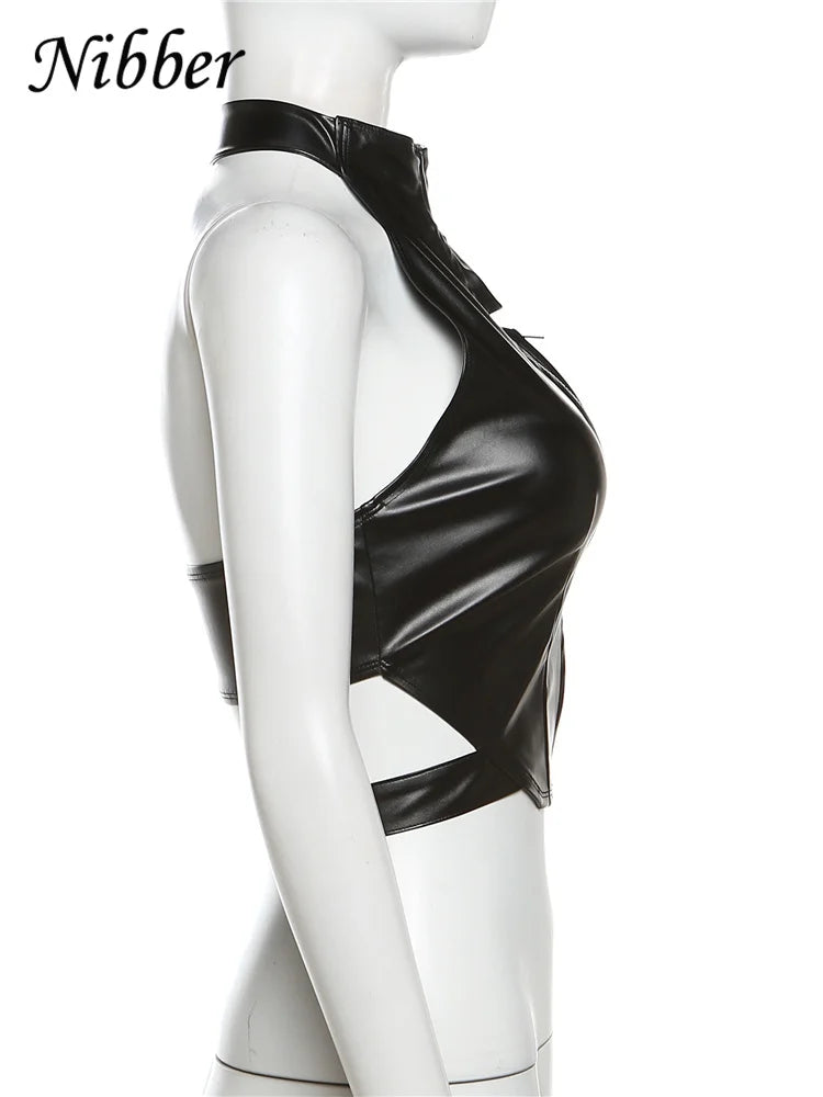 Nibber Leather Punk Sexy Tank Tops Women Halter Neck Zipper Backless Sleeveless Top Female Locomotive Streetwear Nightclub Vest Aviola