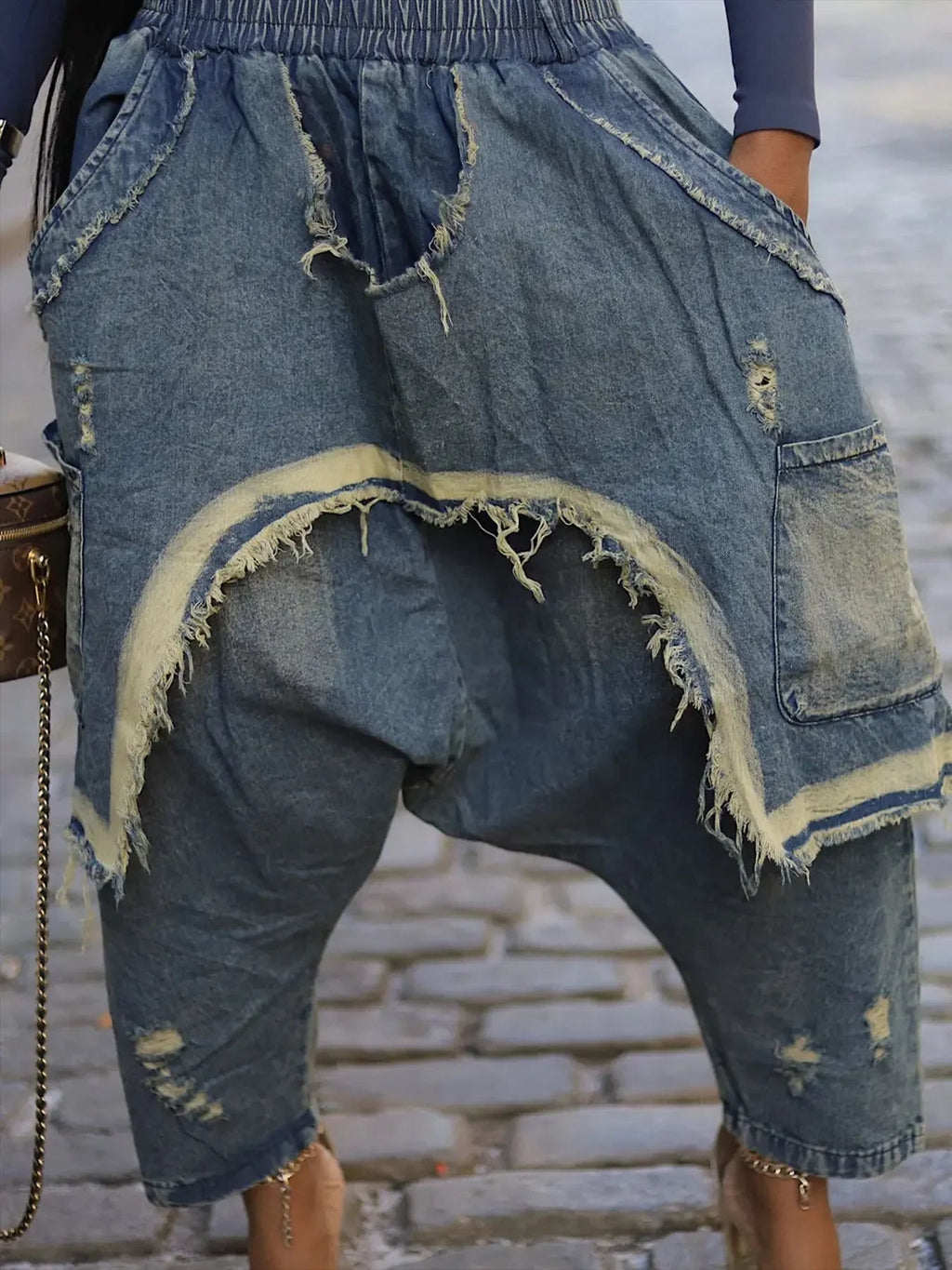 Jeans Women Harem Pants Hole Elastic Waist Tassels Washed Denim Pants Punk Y2k Streetwear 2025 Ripped Ankle Length Trousers Aviola