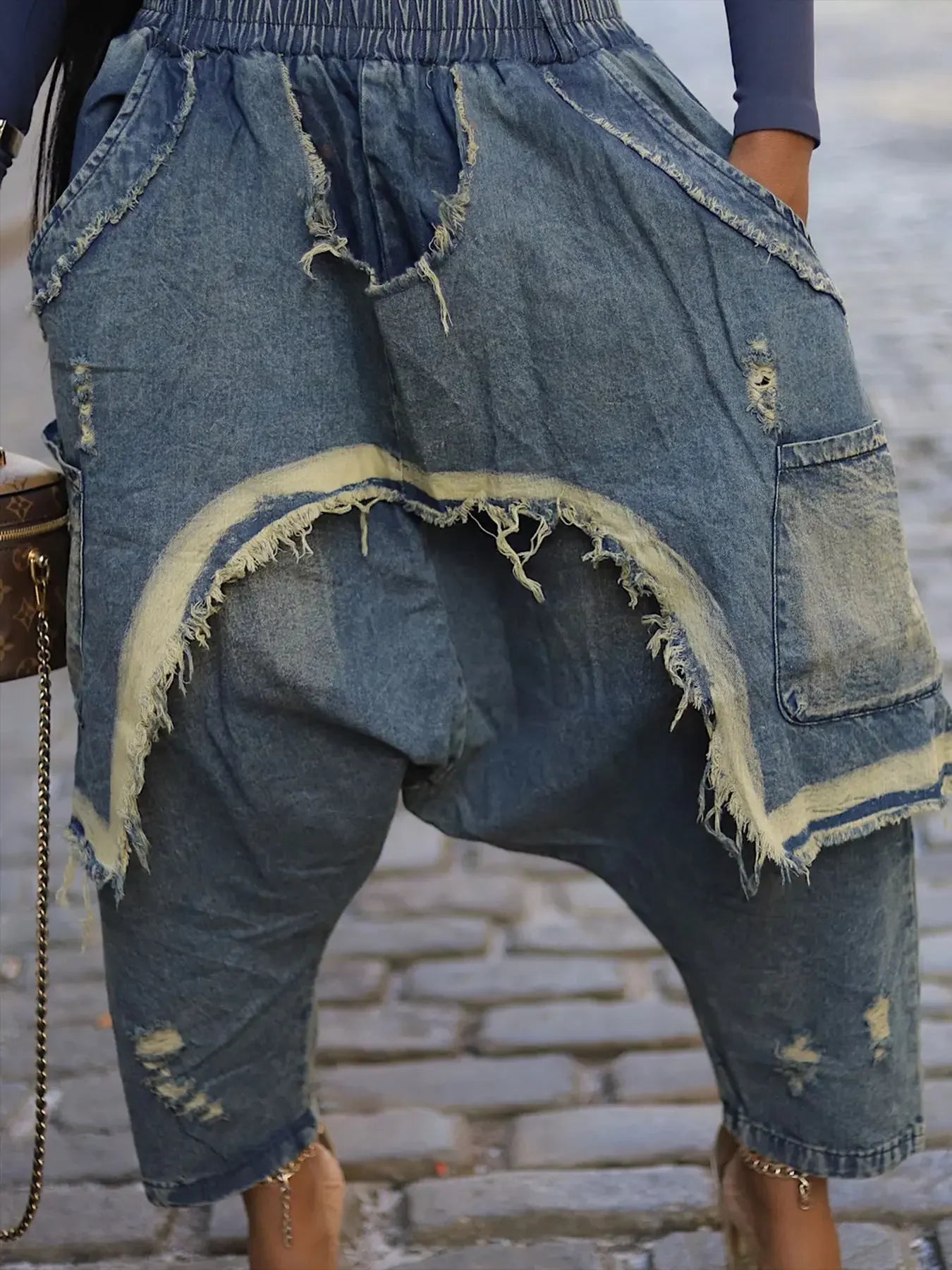 Jeans Women Harem Pants Hole Elastic Waist Tassels Washed Denim Pants Punk Y2k Streetwear 2025 Ripped Ankle Length Trousers Aviola