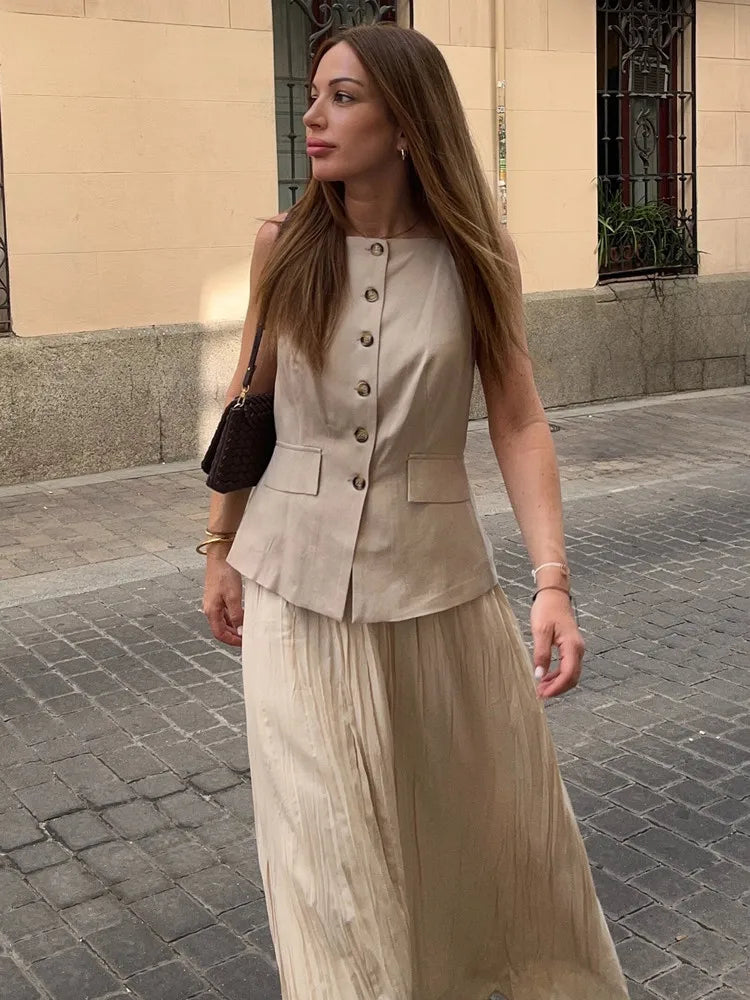 UNIZERA 2025 Summer New Arrivals Women's Wear Single-Breasted Small Pleated Skirt Midi Vest Splicing Dress Aviola