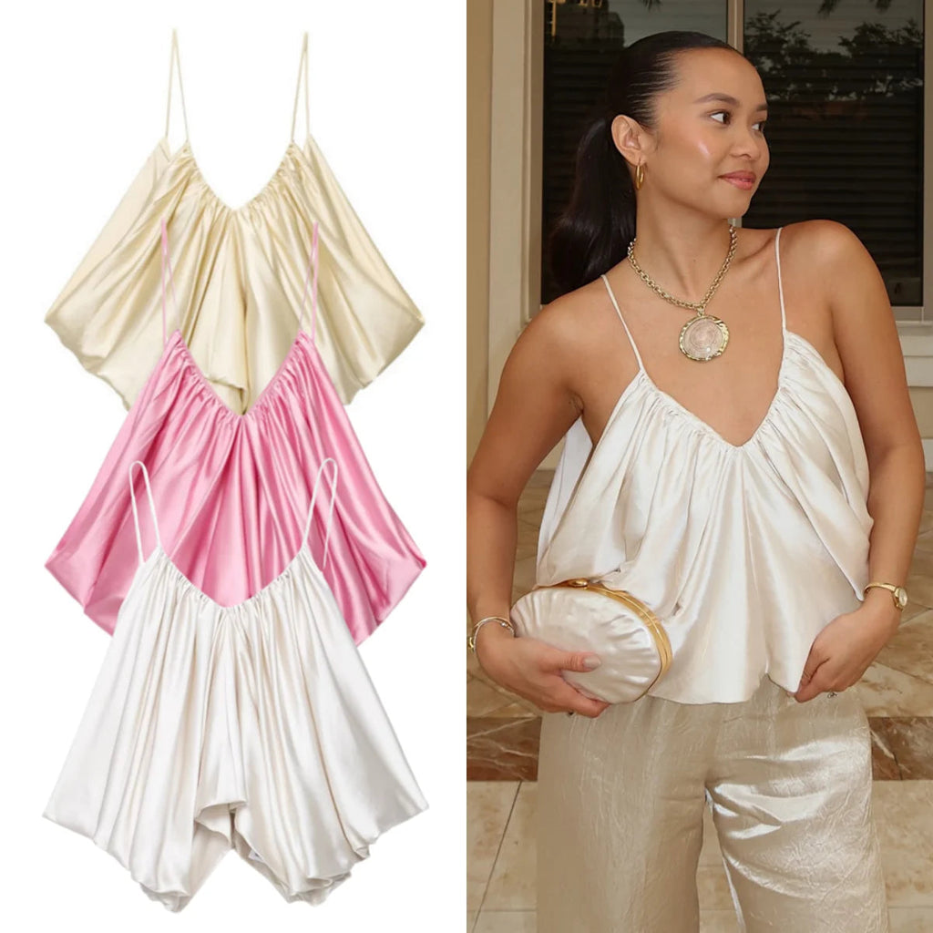 UNIZERA satin texture pleated top camisole casual 2025 summer new products women's clothing temperament sexy top Aviola