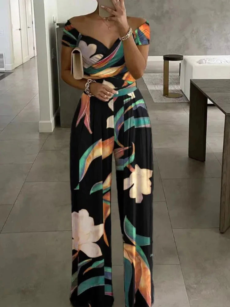 Floral Print Jumpsuit Women Summer Y2k Straight Party Overalls Y2k Club Romper Elegant Off Shoulder Sleeveless Party Jumpsuits Aviola