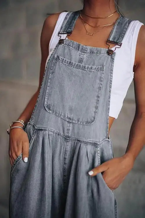 Pocket Design Wide Leg Suspender Denim Jumpsuit for Women Overall Cowboy BibSquare Neck Daily Regular Fit Sleeveless Summer Fall Aviola