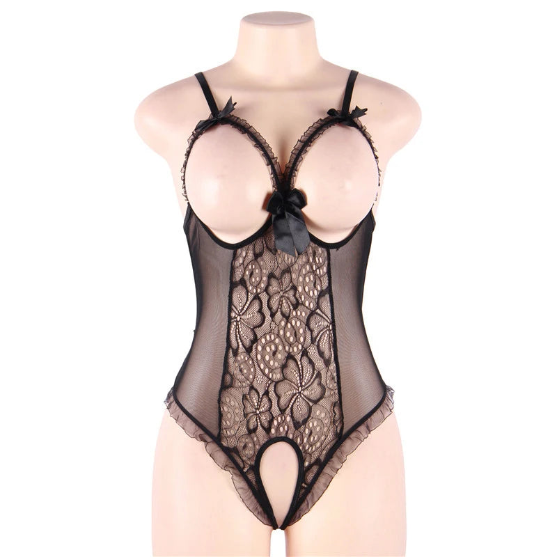 Women Porn Underwear Lace Hollow Open Bra Set Plus Size Sexy Costumes Deep V Neck Teddy Bodysuits Erotic Crotchless Lingerie Set Aviola