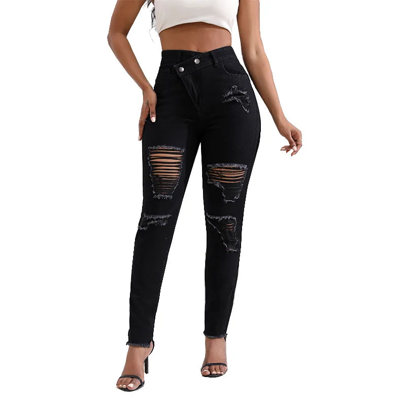 Jeans Women High Waist Pencil Pants Holes Denim Slim Fit Pockets Sexy Streetwear Mom Jeans Sheath Distressed Ankle Length 2025 Aviola
