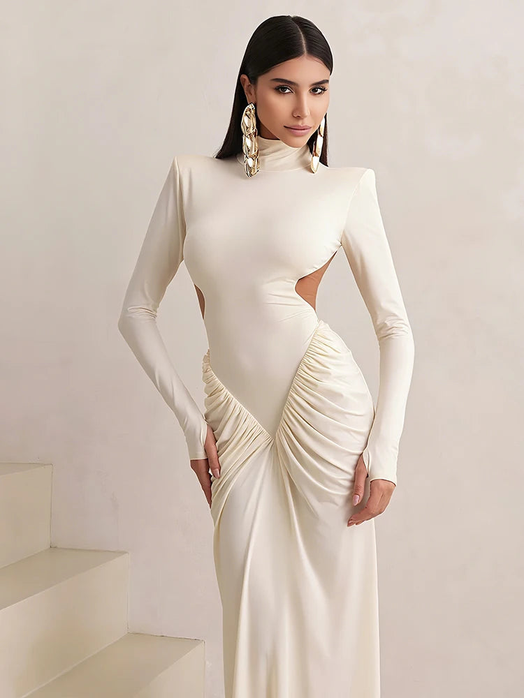 Nibber Backless Maxi Dress Women High Neck Long Sleeves Waistless Peach Buttocks Folds Shoulder Pads Elegant Banquet Vestidos Aviola