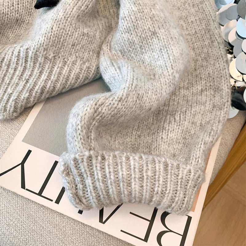 MEXZT Vintage Bow Sweater Women Streetwear Velvet Patchwork Knitted Pullovers Long Sleeve Knitwears Winter Korean Casual Jumpers Aviola
